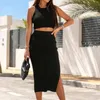 Work Dresses 2023 Ladies Long Dress Set Women'S Fashion Solid Color Slim Sleeveless Midriff Skirt Suit With Slit