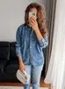 Camicette da donna 2023 Camicie di jeans da donna Camicia lunga con perle sintetiche Colletto da donna con bottoni e top con maniche