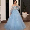 Party Dresses Sky Blue Evening Dress Ball Gown Off The Shoulder Full Sleeves Lace Appliques Long Formal Gowns Robe De Soire