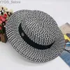 Wide Brim Hats Bucket Hats High-grade Summer Black White Plaid Wide Brim Flat Top Boater Hat Spring Women Grass Braid Sun Hat Party Wedding Formal Cap YQ231116