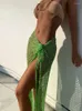 Kjolar kvinnor sexig golvlängd fast kjol vår sommar strand stil streetwear klippt ut se genom snörning stickad