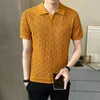 メンズTシャツ夏の短袖Tシャツの男性スリムファッションカジュアル格子縞のニットニットTシャツブリティッシュスタイルラペルアイスシルクシャツメンズトップ