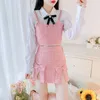 ثياب العمل Sweetxue Pink Small Spragrance Suit Autumn Preppy Style Sweet White Shirt Tweed Recementers Bow High Jeist Skirt Set ثلاث قطع