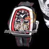 BZF Twin Turbo Mens Watch JCFM05 Twin Tourbillon Automatic DLC Black Steel Case Skeleton Dial Number Markers Black Leather Band Super Edition trustytime001Watches