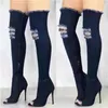 Stiefel Mode Herbst Frauen High Heels Oberschenkel Hohe Stiefel Weibliche Schuhe Über Das Knie Peep Toe Cowboy Denim Schuhe 785 231116