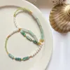 Strand Handmade kinesisk stil traditionell grön sten naturlig kort pärlhalsband lång