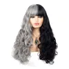 Anime women's fake fur black and white bear cosplay wig black and gray color matching long curly hair with bangs and synthetic fiber hair cap