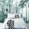 Fonds d'écran Fantasy Misty Forest Mural pour les murs du salon 3D Aquarelle Woods Elks And Birds Wandering Big Trees Wall Murals