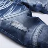 Blå rippade mäns jeans sommar casual hålbyxor för manlig mode slim fit broderi lapptäcke denim byxor pantalones para hombre vaqueros