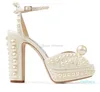 2023-Estate Abito da sposa Scarpe Sandali con plateau in raso decorati con perle Donne eleganti Bianco Sposa Perle Tacchi alti Décolleté da donna EU35-42