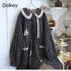 Women's Down Parka's Vintage Plaid Kawaii Parkas Winter Japaniy Girl Peter Pan Collar Long Fleece Jacket厚い温かい綿パッド付きコート231116