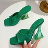 Sapateiros de verão Sapatos de mulheres verdes Sapateiros sedosos banda larga transparente salto alto salto alto