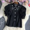 Damenblusen Koreanische schicke Bluse Umlegekragen Hemden Damenhemd Perlenstickerei Tops Damen Casual Puffärmel Y2K Blusas Drop