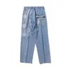 Jeans pour hommes 2023 printemps hommes bleu clair Baggy mode coréenne Denim sarouel imprimé panneau jambe droite pantalon mâle