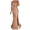 Casual Dresses Sexig paljettklänning för kvinnor Prom Party Split Fork Bodycon Solid Gold Evening Bridesmaid V Neck Long Robecasual