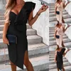 Casual jurken Bruiloft Gast voor vrouwen Een schouderstrappy uitgesneden mouwloze gegolfde trim ruches bodycon side split jurk