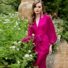 Hete fuchsia avond formele jurk elegante v nek lange mouwen chiffon satijn zeemeermin dames formele prom -jurken 2023 vestidos longo robe de soiree