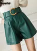 Shorts femininos seulish verde couro pu com cinto elegante bolso elegante calças casuais feminino outono inverno 230417