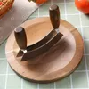 2PCSセットステンレス鋼メザルナナイフと木製切断板セット - ピザ、サラダ、ミンチング用のダブルブレードチョッピングナイフ - 簡単なキッチンツール