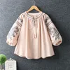 Women's Blouses Shirts Women Summer Ethnic Vintage Mexico Boho Style O-Neck Lantern Sleeve Loose Embroidery Lace Up Blouse Shirt Tops Feminina 230417