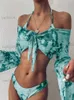Kvinnors badkläder gnim långärmad mesh bikini badkläder kvinnor tre stycken 2020 leopard baddräkt kvinnlig sommar sexig baddräkt brasiliansk biquini t230417