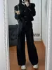 Calças femininas de duas peças conjunto preto outifits 2023 outono manga longa o pescoço cortado blazer casaco cintura alta perna larga calça ternos 231117
