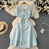 Soğuk rüzgar çizgili kısa kollu elbise Yaz Kadınların Üst düzey Duygu Bebek Boyun Bel Cand Göster İnce Mizaç Orta uzunlukta etek