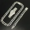 Collana Hip Hop da uomo in argento con catena Miami in cristallo, orologio da uomo, collana, bracciale, set combinato, collana cubana Ice Out, Hip Hop per uomo225V