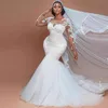 2023 Vestidos de novia de sirena blanca árabe Tren largo Gillter Cristales con cuentas ilusión Manga larga Vestidos de novia Vestido de novia turco Nuevo encaje Tallas grandes Vestidos de novia