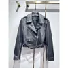 Classic Women Designer Short Jackets Black Genuine Leather Slim Fit Sheepskin Short Jacket Lapel Neck Outdoor Motorcycle Biker Coat Fashion Streetwear