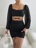 Casual Dresses Sexy Solid Bubble Sleeves Long Square Neck Slim Fit Clothes Black Wrapped Hip Skirt Hollow Out Tie Up Dress