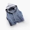 Gilets en denim pour femmes, vêtements de printemps et d'automne, sans manches, haut sauvage, veste courte à capuche, jeans 231116