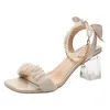 Sandals Size 32-39 High Heel Women Summer Shoes Lace Ankle Strap Pearls Transparent Crystal Block Open Toe Silver