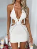 Casual Dresses Wsevypo Women Sexy Deep V Halter Bodycon Dress Summer Sleeveless Backless Bandage Cutout Knitted Crochet Mini Clubwear