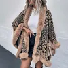 Women's Cape Women Coats Jackets for Winter Leopard Color Faux Fur Collar Thick Warm Knitted Capes Ponchos Autumn Outwear Knitwear 231117