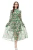 Women's Runway Dresses Stand Collar Long Sleeves Floral Printed High Street Fashion Mid Vestidos
