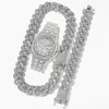 Correntes Cuban Link Chain Iced Out Watch Mens Conjunto de Jóias Colar Relógio Pulseira Hip Hop MiamiRhinestone Africano Choker254L