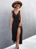 Casual Dresses Wywmy 2023 Women Summer Dress Sexig Deep V-Neck Cross Belt ärmlös Fashion Elegant Side Slitt Long For Party