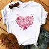 Maglietta da donna Maglietta da donna con stampa di fiori a cuore Maglietta da donna casual con colletto a O Camicia bianca Maglietta da donna a maniche corte Love Graphic Printing