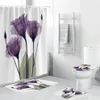 4 pezzi superficie flanella tappetini da bagno tenda da doccia tappeto antiscivolo coperchio copriwater tappetino da bagno set fiori viola stampa arredamento casa T20072980