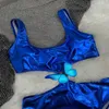 Nouveau maillot de bain en cuir ensemble Bikini femmes matériel Pad maillots de bain noir bleu rapide maillots de bain Sexy pad tags240a