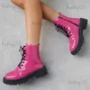 Bottines en cuir verni rouge rosé pour femmes, fermeture éclair, plateforme à lacets, bottes de moto à talons épais, antidérapantes, Punk courtes Botas T231117