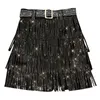 Skirts Women Skirt Fashion Autumn High Waist Belt Multi Layer Short Heavy Drilling Rhinestones Fringed Skirt with Cake A Line 231116