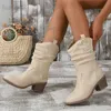 Boots Pleated Mid Calf Cowboy Boots Women Faux Suede Pointed Toe Western Boots Woman 2023 Autumn Thick Heels Cowgirl Short Botas Mujer T231117