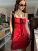 Abiti casual Ragazza dolce Tracolla regolabile Abitino rosso Abiti da donna alla moda corti con lacci a pois da donna