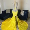 Sparkly Diamonds Long Yellow Prom Dresses Veet 2024 For Black Girls Beads Crystals Rhinestones Tassels Evening Party Gown