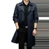 Misturas de lã masculina Highend alongado sobre o joelho terno colarinho trench coat casual trespassado outono jaqueta de meia idade quatro estações 231116