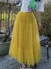 Skirts TIGENA Tutu Tulle Pleated Long Skirt for Women Spring Summer Korean Elegant Mesh A Line High Waist Maxi Skirt Female Yellow 230417
