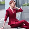 Twee stuk broek met dames high -end lange mouw pakken vrouwen herfst winter wijn rood bedrijf formeel slanke blazer met riem- en kantoor dameswerk