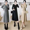 Maternity Dresses 8307# Autumn Winter Korean Fashion Knitted Maternity Long Dress Across V neck A Line Slim Clothes for Pregnant Women Pregnancy 230417